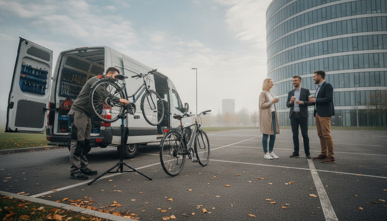 Mechanik serwisuje rowery pracowników na parkingu przed biurowcem