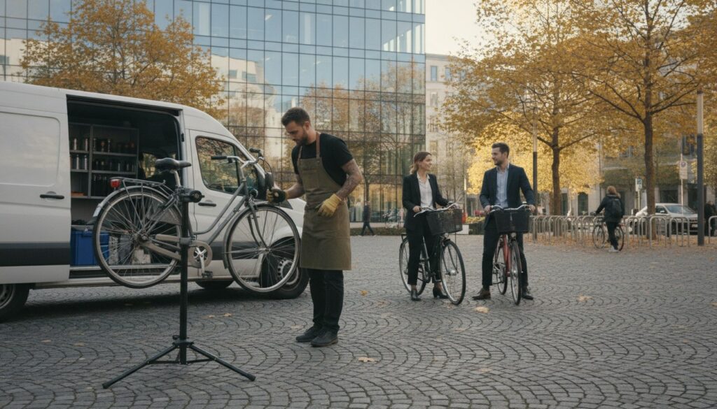 Mechanik mobilnego serwisu rowerowego naprawia rower pracownika przed nowoczesnym biurowcem