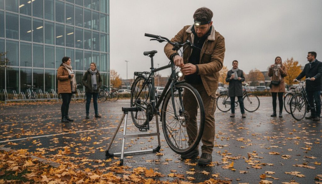 Mechanik sprawdza oświetlenie i hamulce roweru pracownika na parkingu firmowym jesienią