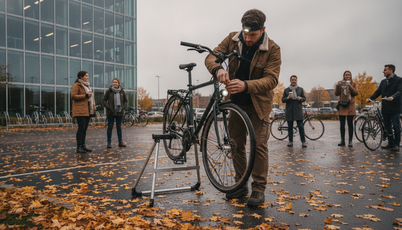 Mechanik sprawdza oświetlenie i hamulce roweru pracownika na parkingu firmowym jesienią