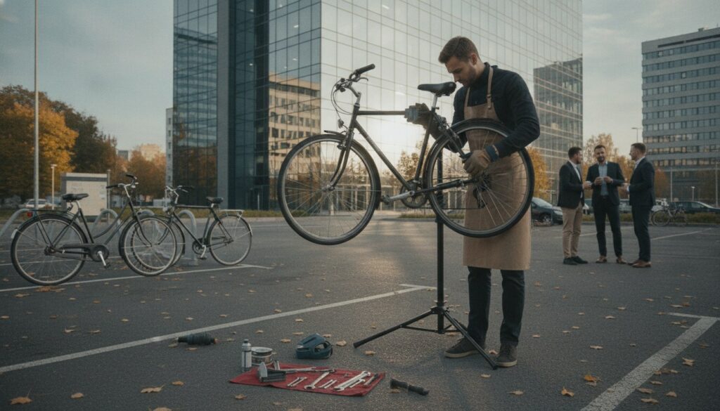 Mechanik serwisuje rower pracownika na stojaku serwisowym na parkingu przed biurowcem jesienią