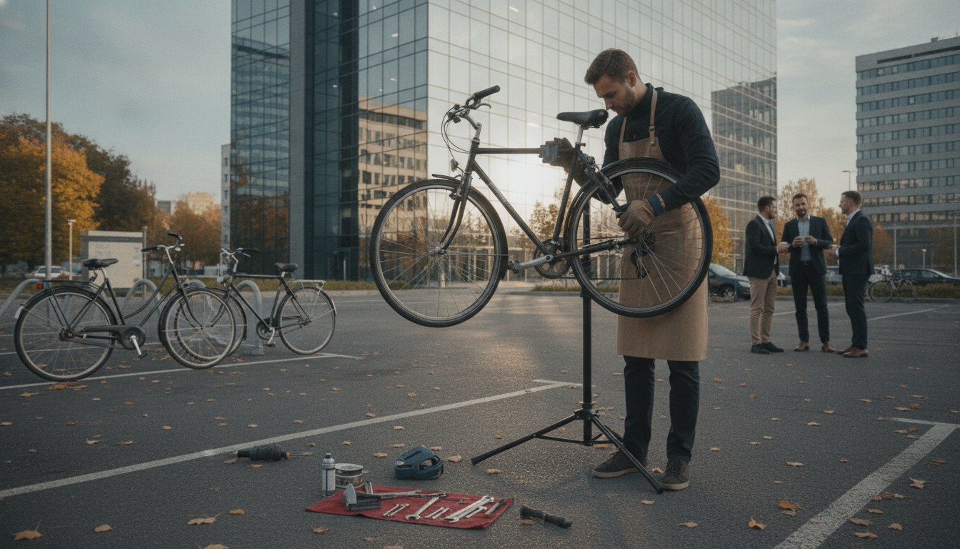 Mechanik serwisuje rower pracownika na stojaku serwisowym na parkingu przed biurowcem jesienią